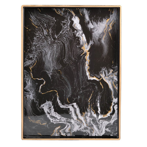 Fara Rectangular Tray Set of 2, Marble Design, Cutout Handle, Black Plastic - BM350202