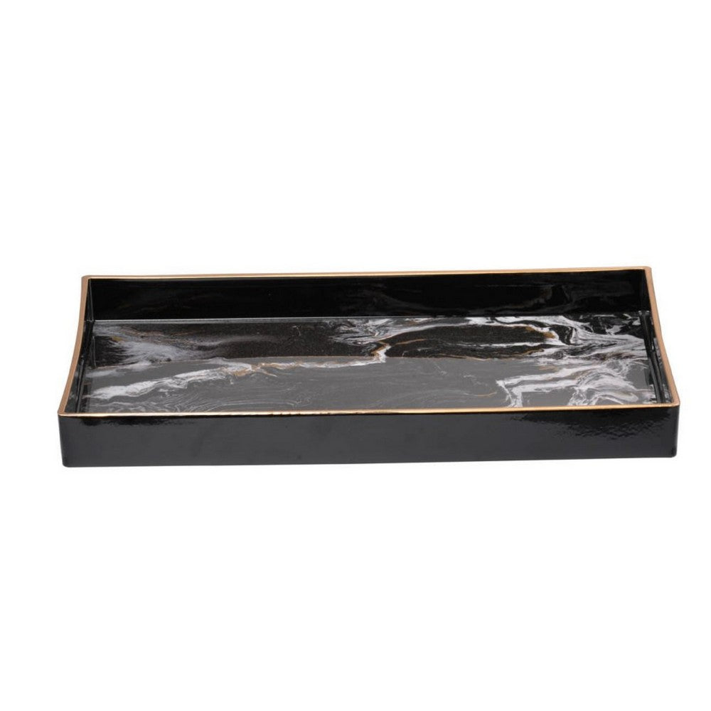 Fara Rectangular Tray Set of 2, Marble Design, Cutout Handle, Black Plastic - BM350202