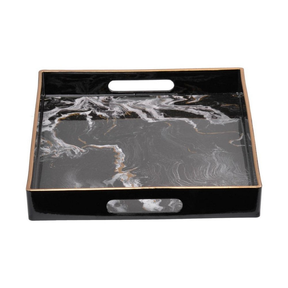 Fara Rectangular Tray Set of 2, Marble Design, Cutout Handle, Black Plastic - BM350202