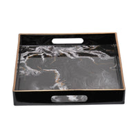 Fara Rectangular Tray Set of 2, Marble Design, Cutout Handle, Black Plastic - BM350202