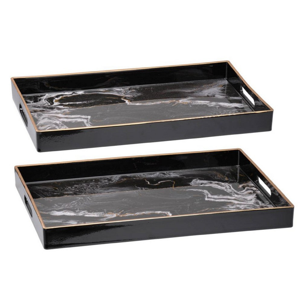Fara Rectangular Tray Set of 2, Marble Design, Cutout Handle, Black Plastic - BM350202
