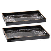 Fara Rectangular Tray Set of 2, Marble Design, Cutout Handle, Black Plastic - BM350202