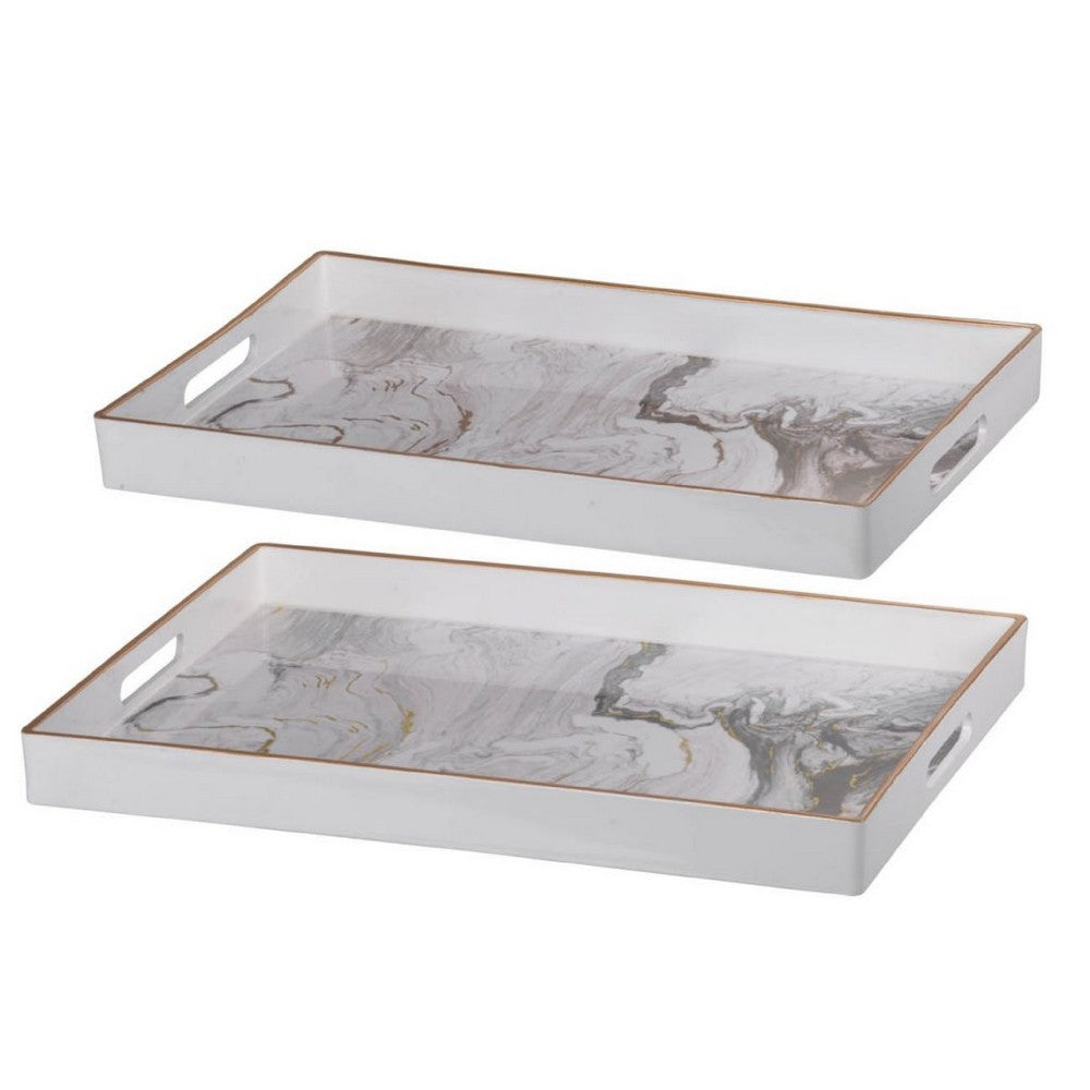 Fara Rectangular Tray Set of 2, Marble Design, Cutout Handle, White Plastic - BM350203