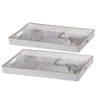 Fara Rectangular Tray Set of 2, Marble Design, Cutout Handle, White Plastic - BM350203