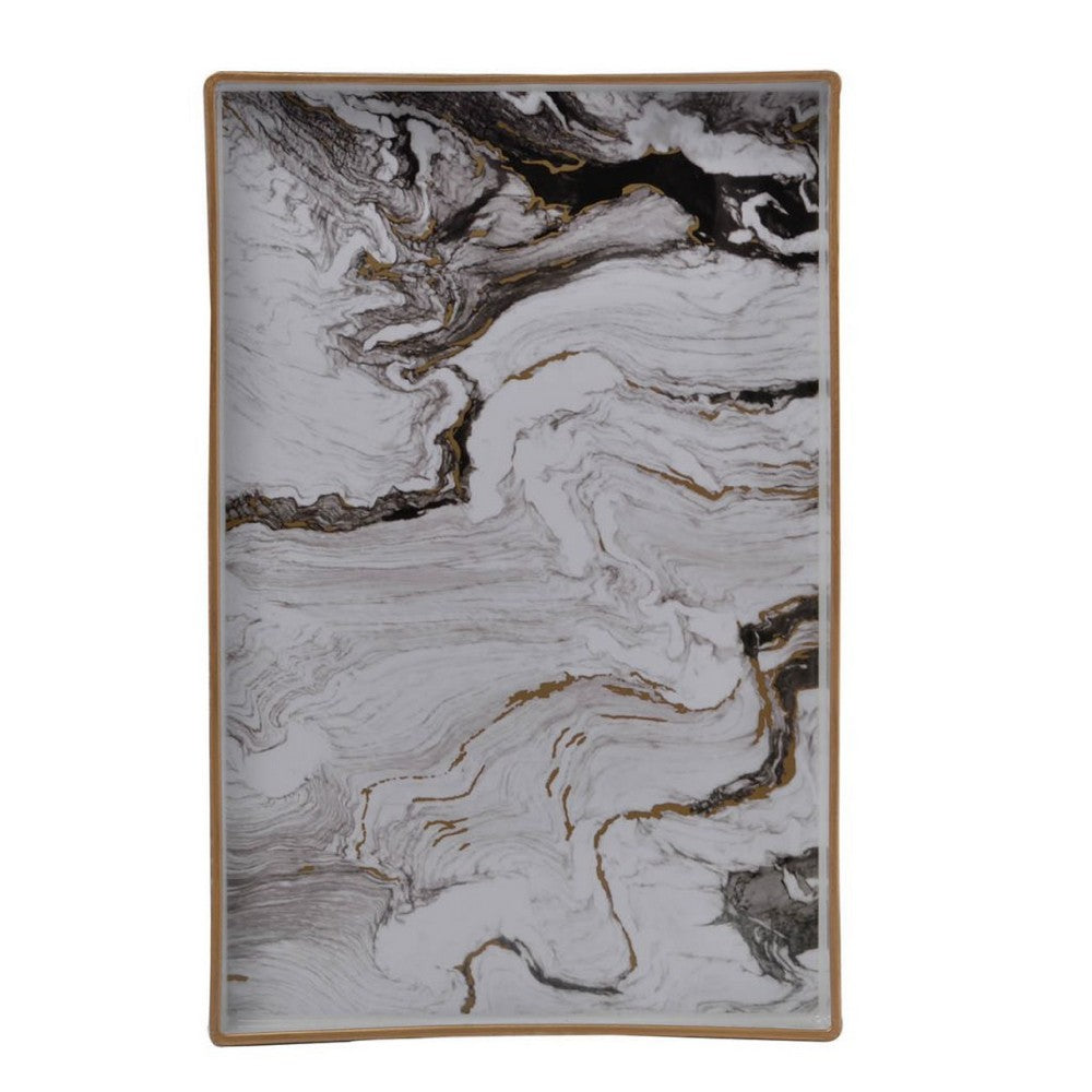 Fara Rectangular Tray Set of 2, Marble Design, Cutout Handle, White Plastic - BM350203