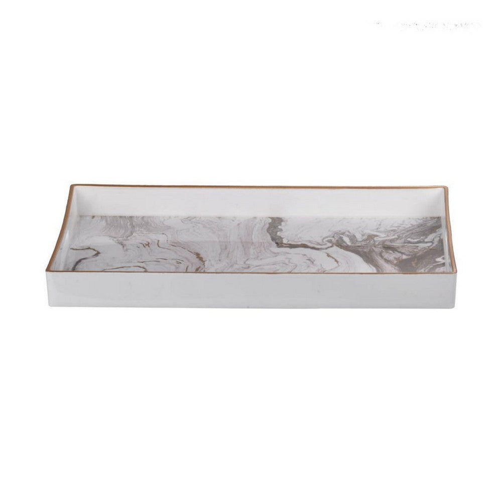 Fara Rectangular Tray Set of 2, Marble Design, Cutout Handle, White Plastic - BM350203