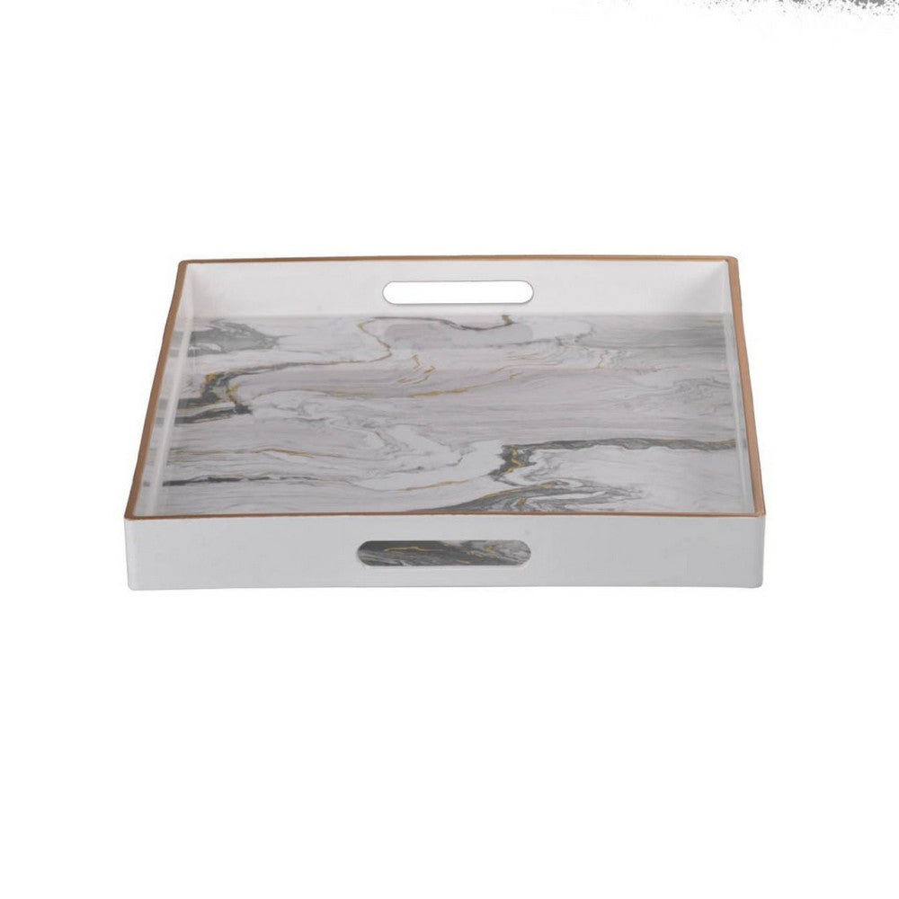 Fara Rectangular Tray Set of 2, Marble Design, Cutout Handle, White Plastic - BM350203