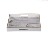 Fara Rectangular Tray Set of 2, Marble Design, Cutout Handle, White Plastic - BM350203