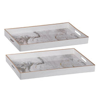 Fara Rectangular Tray Set of 2, Marble Design, Cutout Handle, White Plastic - BM350203