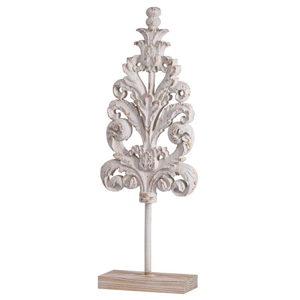 Awan Tabletop Decor, Leaf Scrollwork on Stand, White, Brown Wood, 26 Inch - BM350204