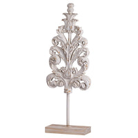 Awan Tabletop Decor, Leaf Scrollwork on Stand, White, Brown Wood, 26 Inch - BM350204