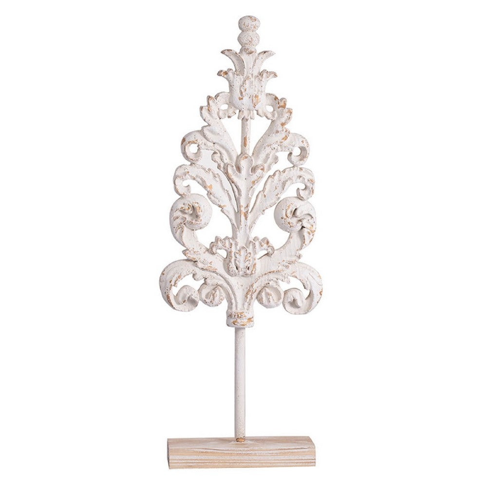 Awan Tabletop Decor, Leaf Scrollwork on Stand, White, Brown Wood, 26 Inch - BM350204