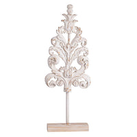 Awan Tabletop Decor, Leaf Scrollwork on Stand, White, Brown Wood, 26 Inch - BM350204