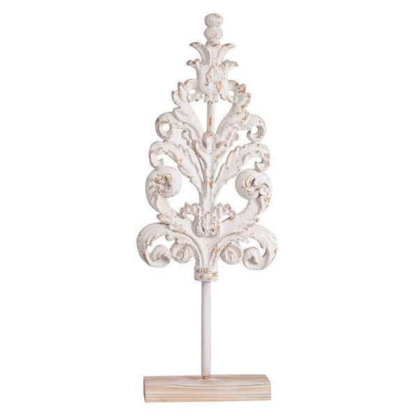 Awan Tabletop Decor, Leaf Scrollwork on Stand, White, Brown Wood, 26 Inch - BM350204