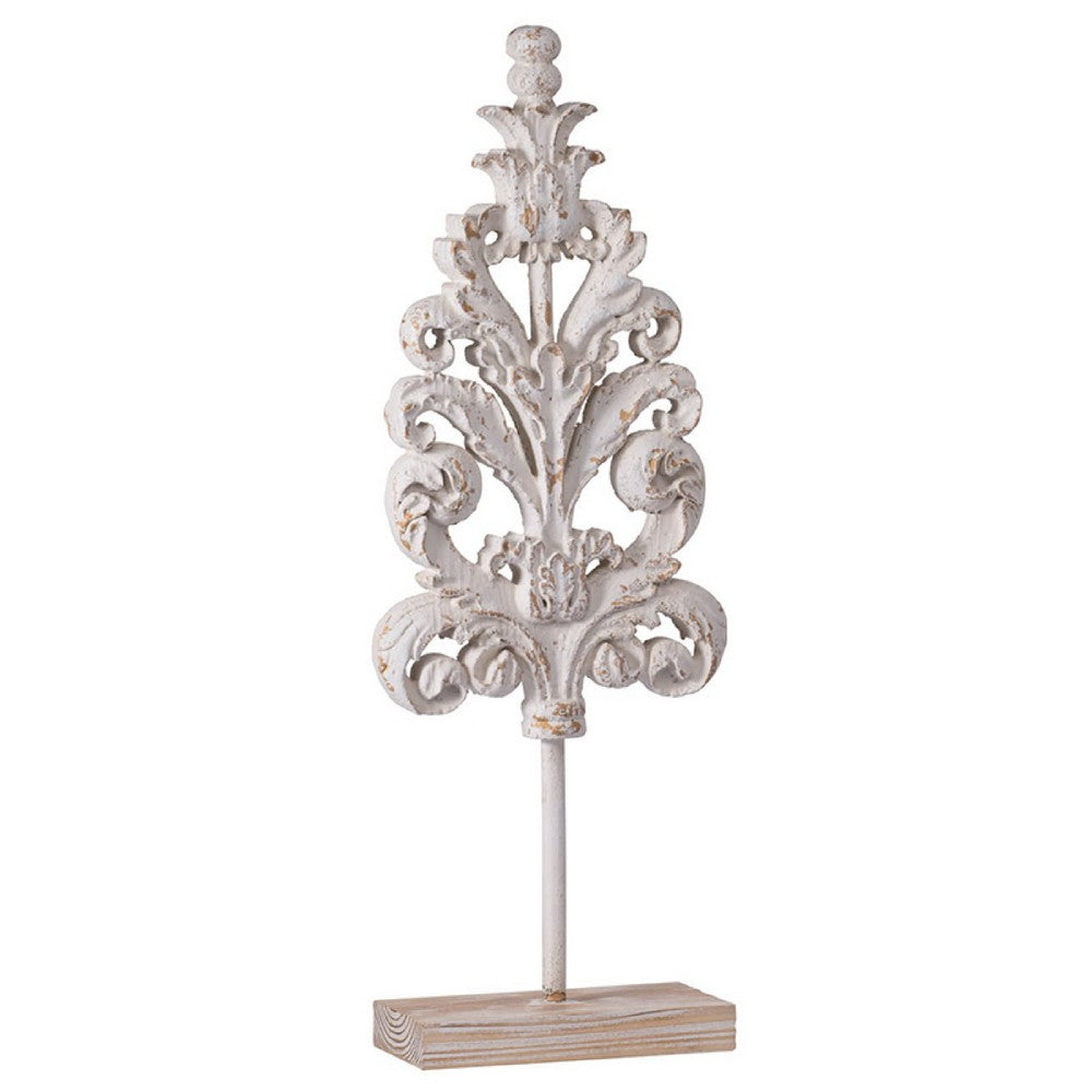Awan Tabletop Decor, Leaf Scrollwork on Stand, White, Brown Wood, 26 Inch - BM350204