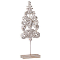 Awan Tabletop Decor, Leaf Scrollwork on Stand, White, Brown Wood, 26 Inch - BM350204