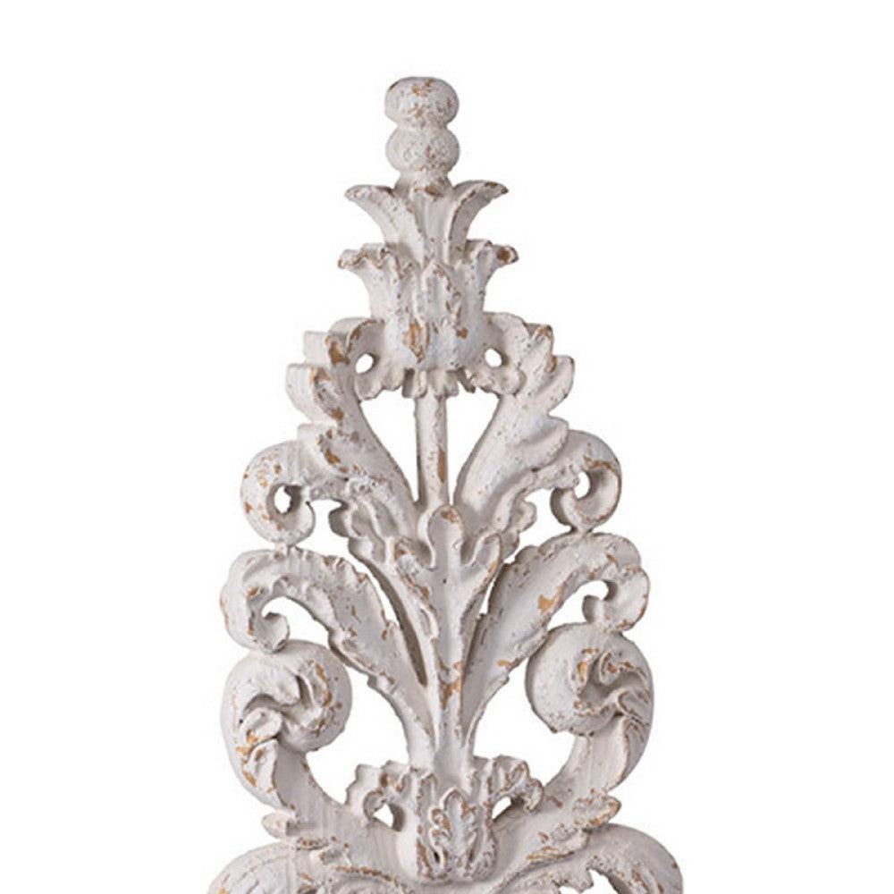 Awan Tabletop Decor, Leaf Scrollwork on Stand, White, Brown Wood, 26 Inch - BM350204