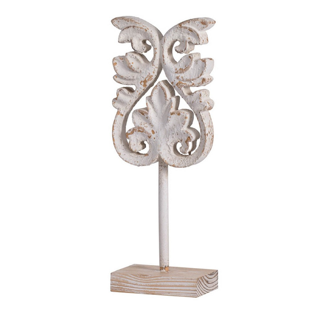 Awan Tabletop Decor, Fleur Scrollwork w Base Stand, White, Brown Wood 17 Inch - BM350205