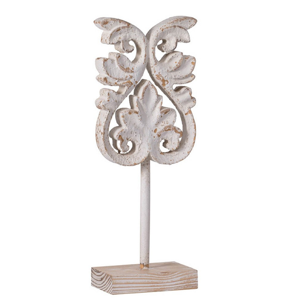 Awan Tabletop Decor, Fleur Scrollwork w Base Stand, White, Brown Wood 17 Inch - BM350205