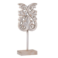 Awan Tabletop Decor, Fleur Scrollwork w Base Stand, White, Brown Wood 17 Inch - BM350205