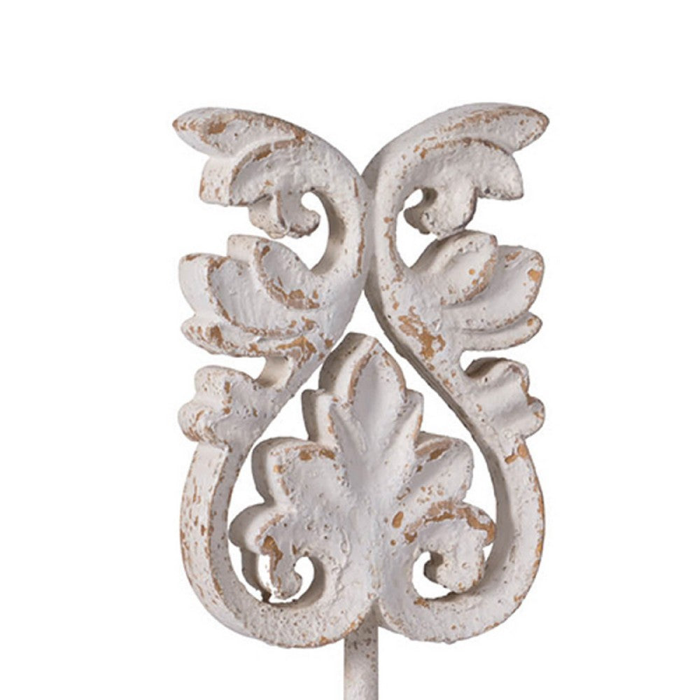 Awan Tabletop Decor, Fleur Scrollwork w Base Stand, White, Brown Wood 17 Inch - BM350205