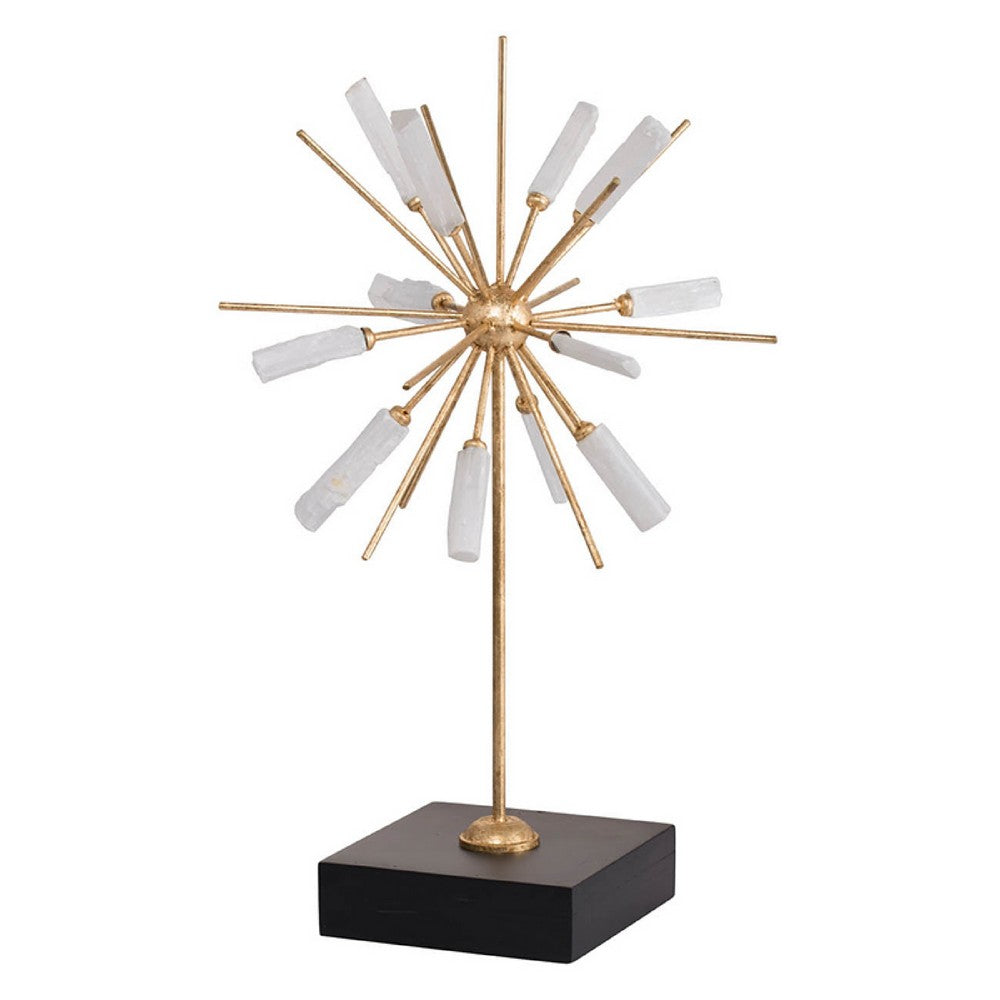 Starburst Sculpture on Black Base Stand, White Stones, Gold Metal Rods, 23 Inch - BM350206