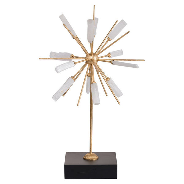 Starburst Sculpture on Black Base Stand, White Stones, Gold Metal Rods, 23 Inch - BM350206