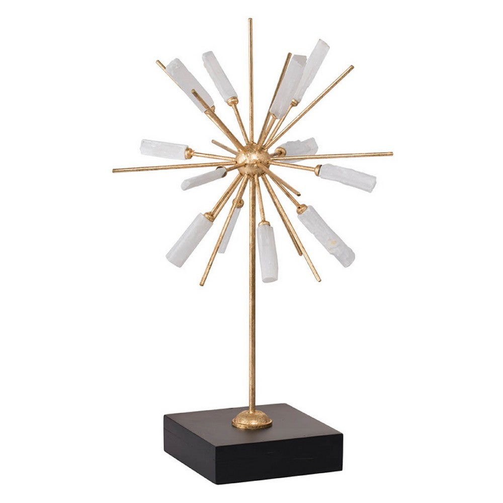 Starburst Sculpture on Black Base Stand, White Stones, Gold Metal Rods, 23 Inch - BM350206