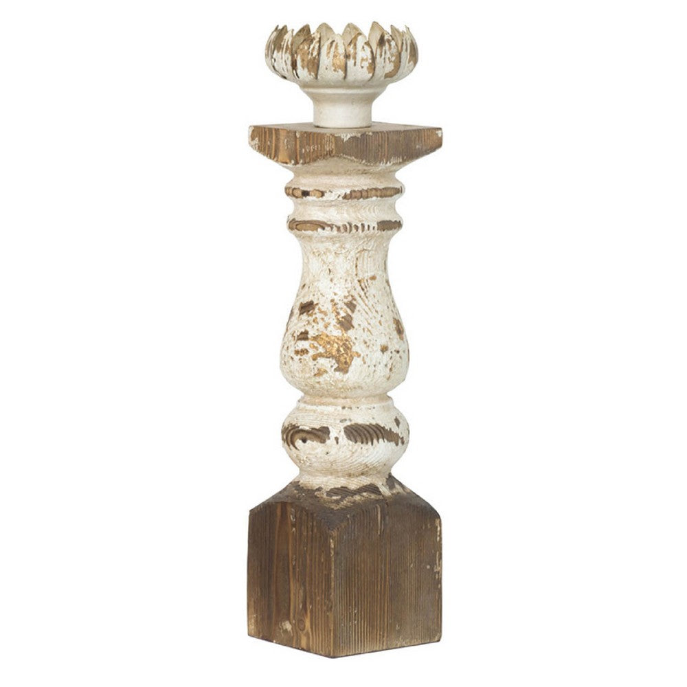 Candle Holder, Lotus Flower Style Top, Turned Body, White Wood 19 Inch - BM350207