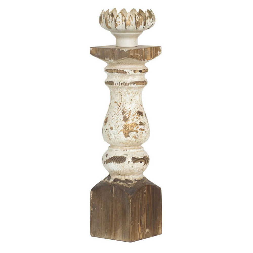 Candle Holder, Lotus Flower Style Top, Turned Body, White Wood 19 Inch - BM350207