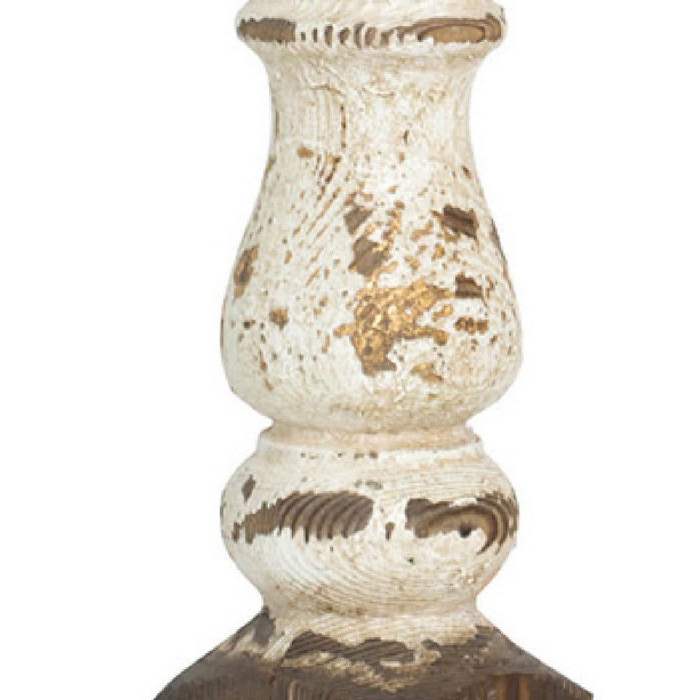 Candle Holder, Lotus Flower Style Top, Turned Body, White Wood 19 Inch - BM350207