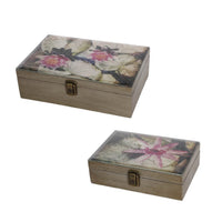 Storage Boxes Set of 2, Floral Glass Top with Distressed Brown Wood - BM350210