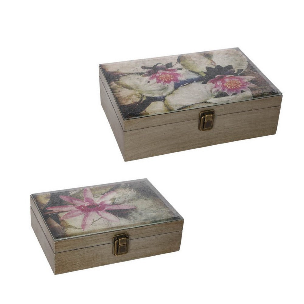 Storage Boxes Set of 2, Floral Glass Top with Distressed Brown Wood - BM350210
