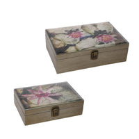 Storage Boxes Set of 2, Floral Glass Top with Distressed Brown Wood - BM350210