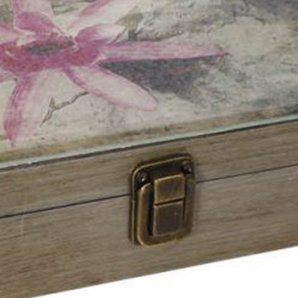 Storage Boxes Set of 2, Floral Glass Top with Distressed Brown Wood - BM350210