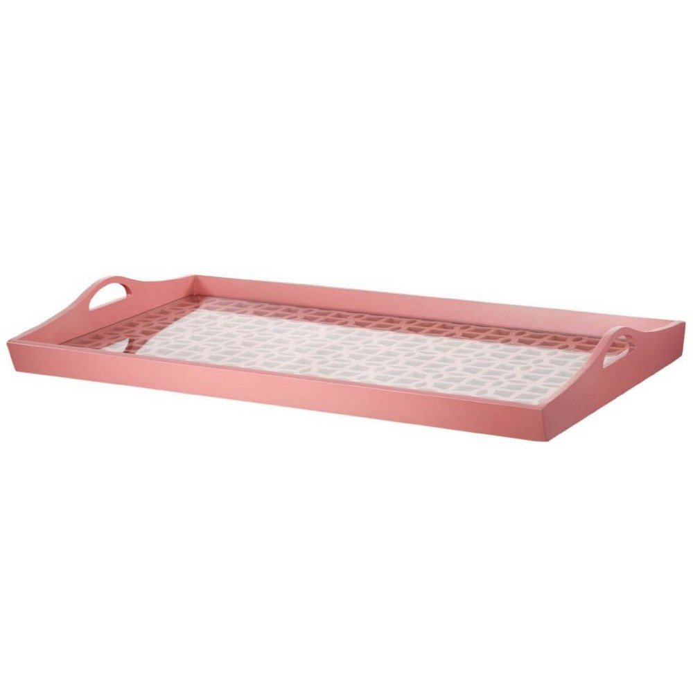 Decorative Serving Tray, Light Pink Handles, Patterned Glass, 28 Inch - BM350211