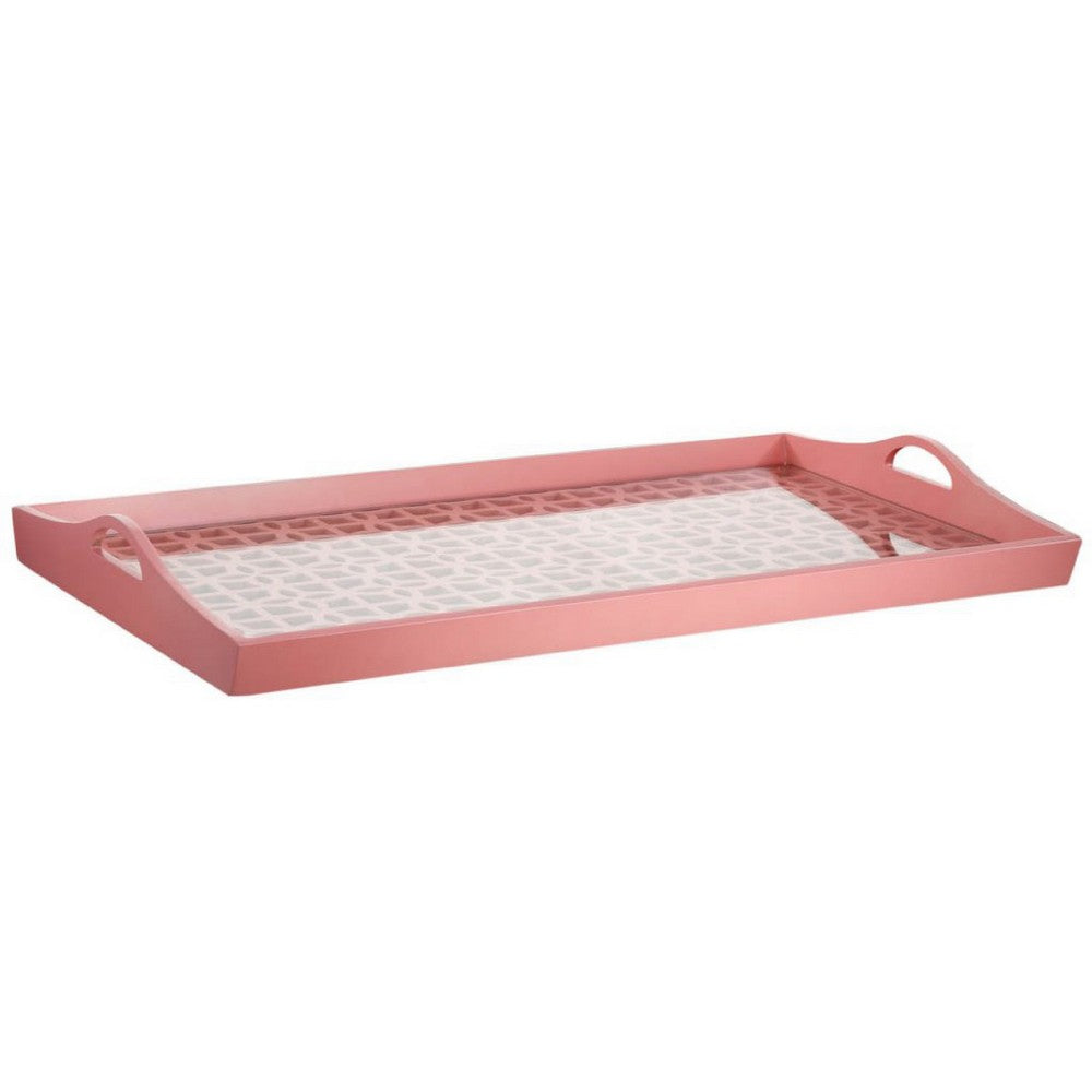 Decorative Serving Tray, Light Pink Handles, Patterned Glass, 28 Inch - BM350211