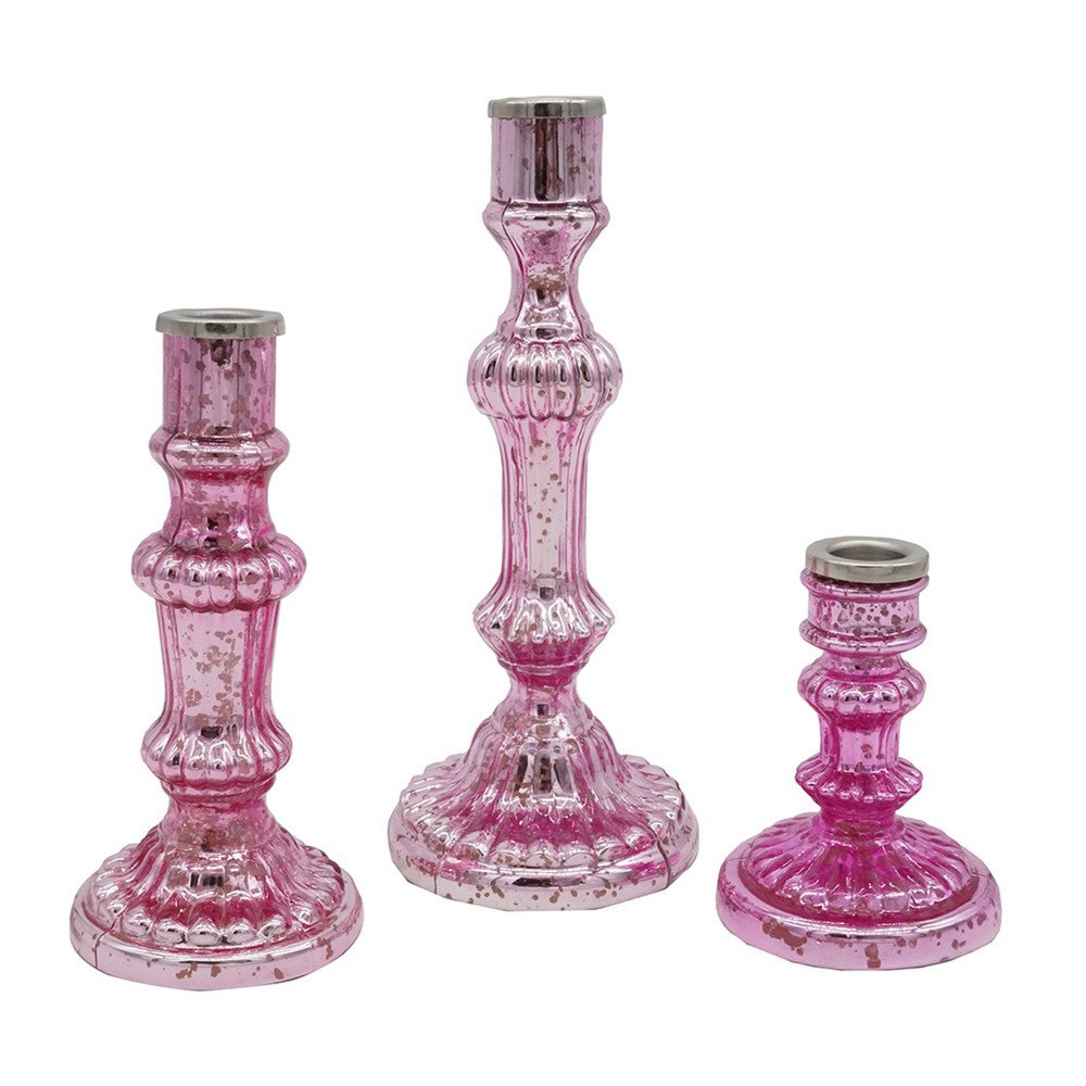 Lemu Luminary Treasures Candle Holder Set of 3, Pink Ornate Iron - BM350213