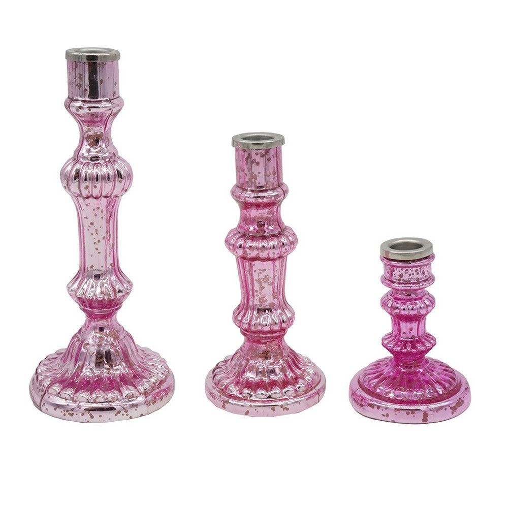 Lemu Luminary Treasures Candle Holder Set of 3, Pink Ornate Iron - BM350213