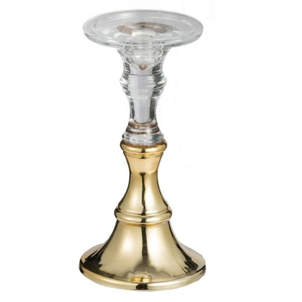 Decorative Candle Holder, 2 Tone Gold and Clear Glass, 9 Inch Tall - BM350214