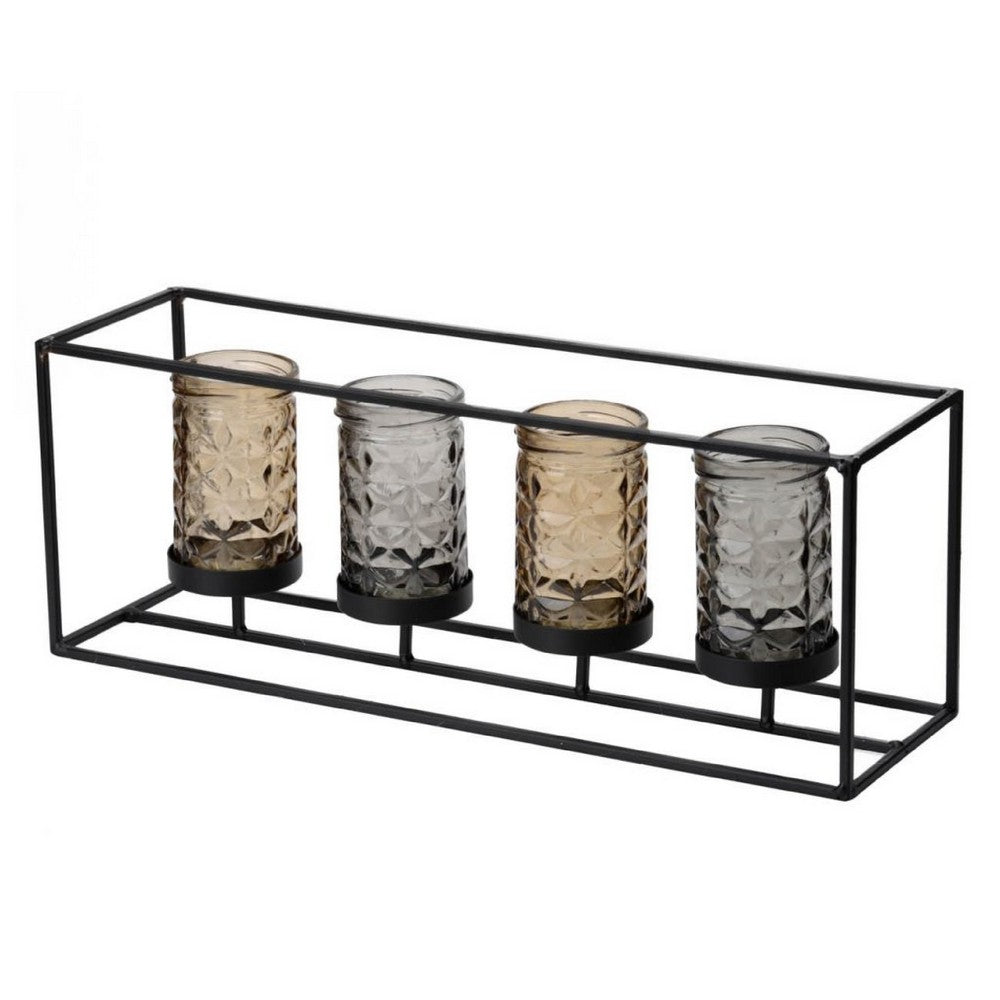 Mev 4 Jar Candle Holder, Brown Gray Glass, 16 Inch Black Iron Frame - BM350215