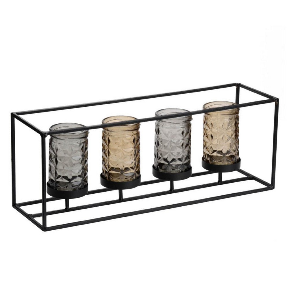 Mev 4 Jar Candle Holder, Brown Gray Glass, 16 Inch Black Iron Frame - BM350215