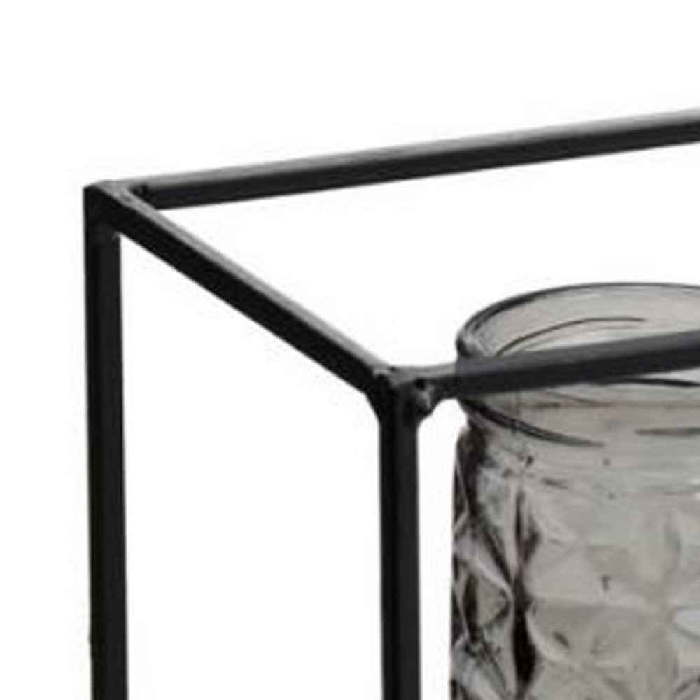Mev 4 Jar Candle Holder, Brown Gray Glass, 16 Inch Black Iron Frame - BM350215