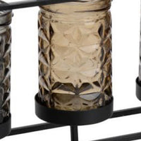 Mev 4 Jar Candle Holder, Brown Gray Glass, 16 Inch Black Iron Frame - BM350215