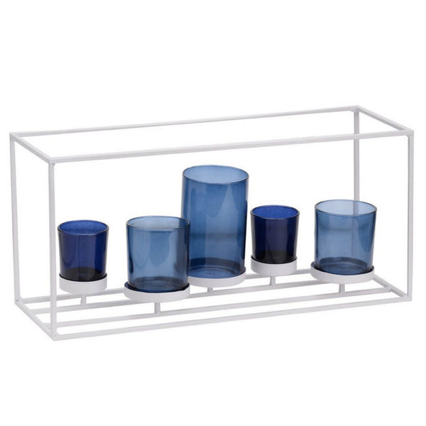 Mev 5 Jar Candle Holder, Blue Glass, 17 Inch Modern White Iron Frame - BM350216