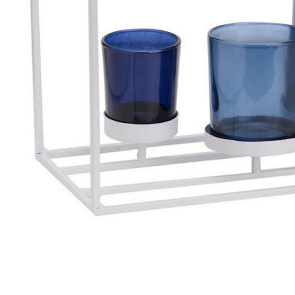 Mev 5 Jar Candle Holder, Blue Glass, 17 Inch Modern White Iron Frame - BM350216