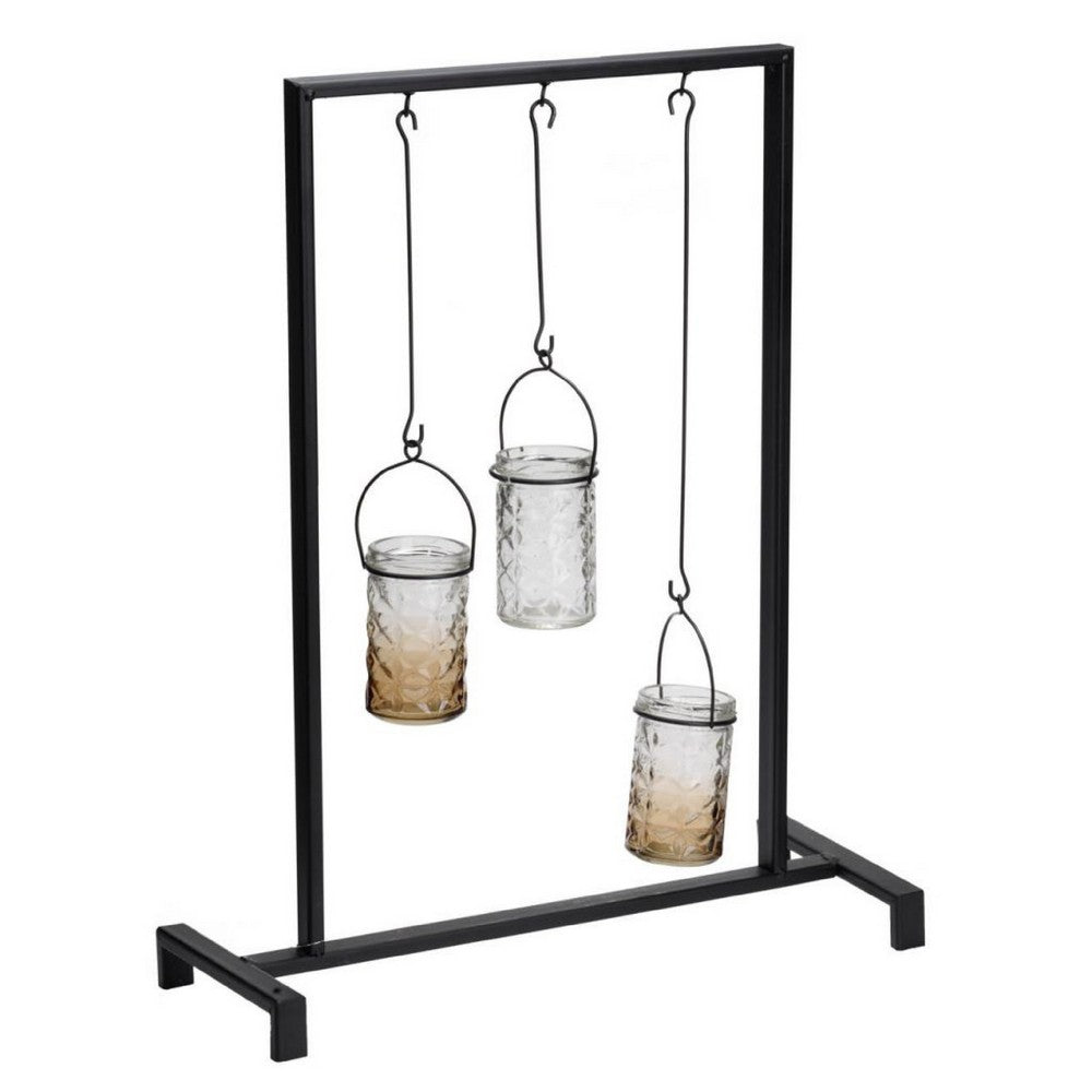 Decorative Candle Holder with 3 Hanging Glass Jars, 21 Inch Matte Black - BM350217