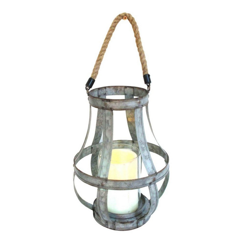 Glass Hurricane Candle Holder Lantern, Rope Handle, 12 Inch Gray - BM350218