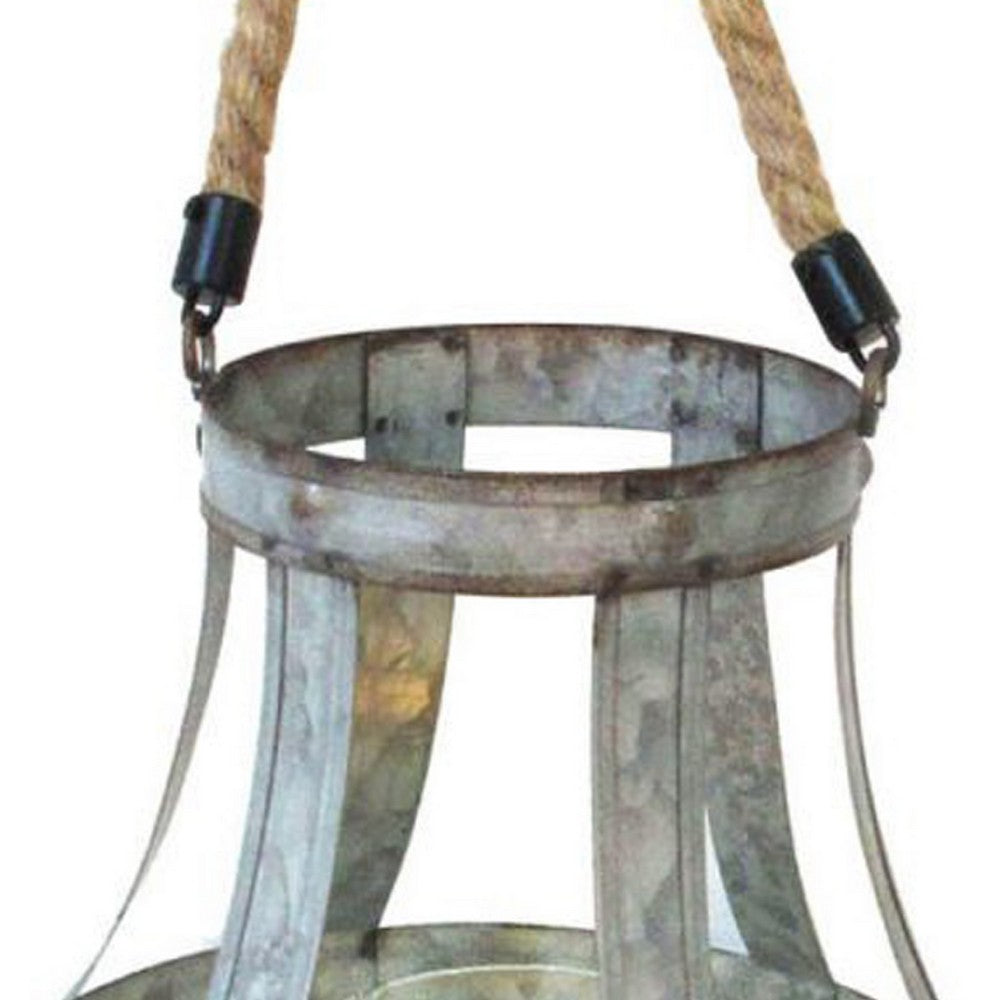 Glass Hurricane Candle Holder Lantern, Rope Handle, 12 Inch Gray - BM350218