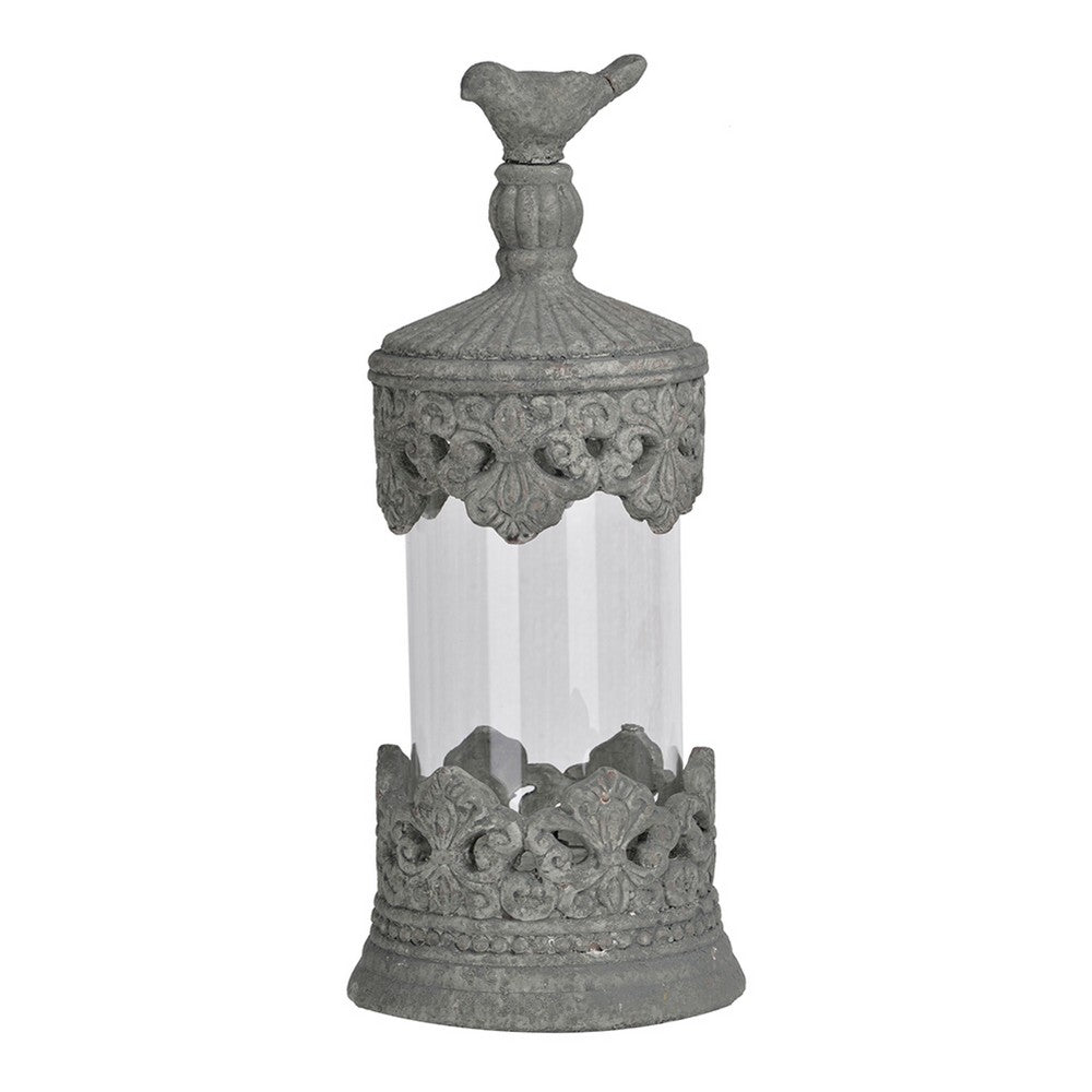 Floating Fleur Glass Jar, 13 Inch Gray Bird Accent, Ornate Cement Lid - BM350220